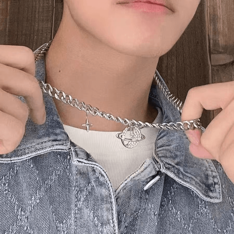 Titanium Steel Non Fading Diamond Planet Necklace For Boys Trendy Star Pendant Cuban Chain Hip Hop Necklace
