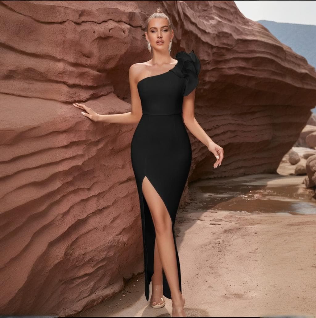 Women's Clothing New Light Luxury Ruffled One Shoulder Design Evening Dress Slit Slim Sexy Dress