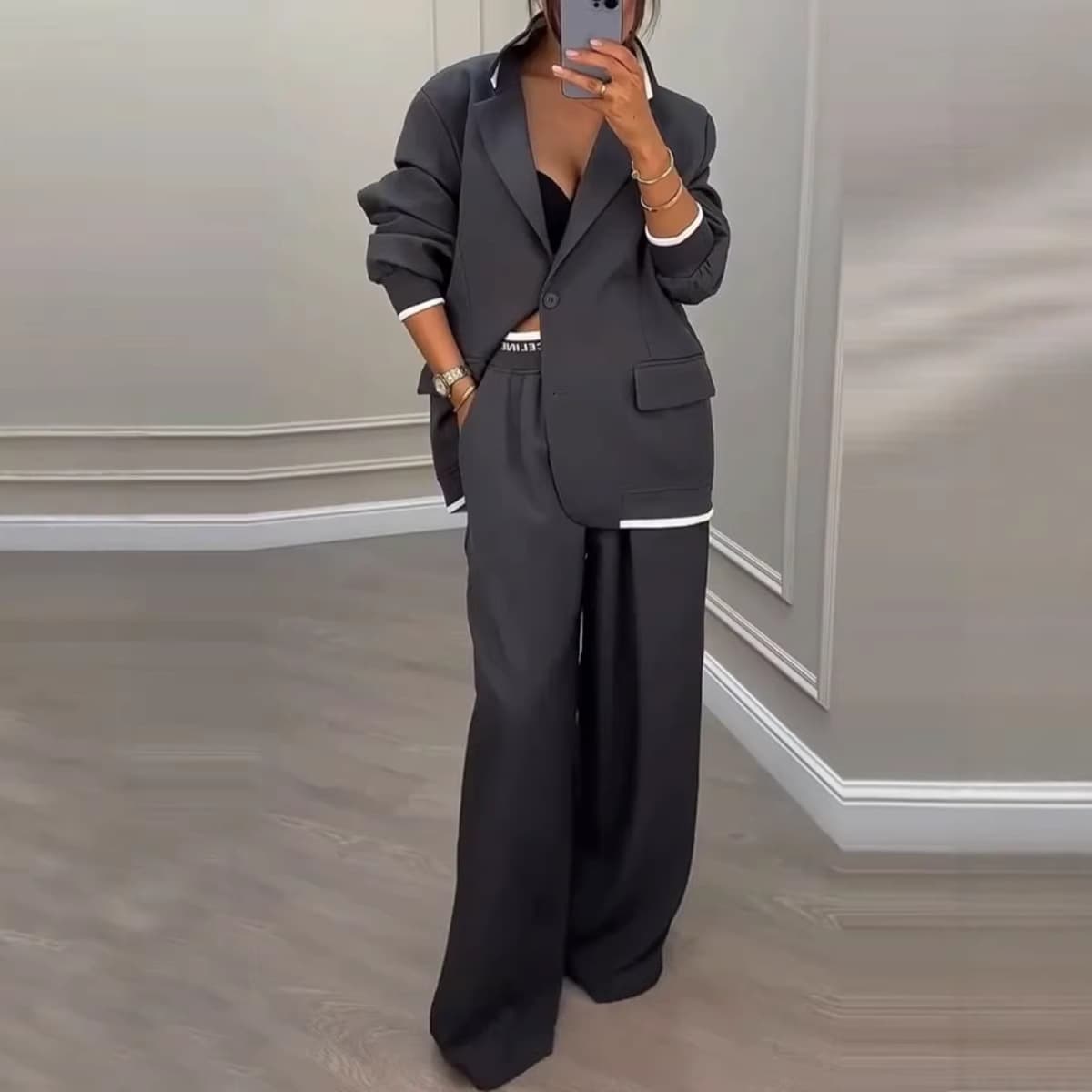 Women's Casual Suit Set Trendy Oversized Blazer With Wide Leg Pants Two Piece Outfit For Fall Winter