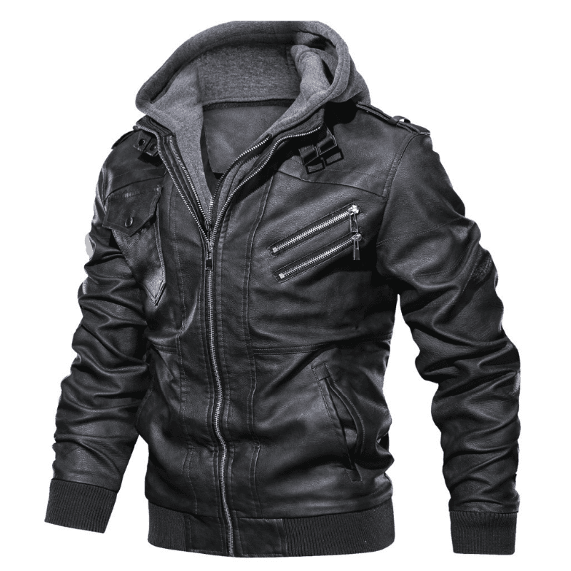 Male PU Hooded Collar Zipper Autumn Casual Slim Windbreaker Chaquetas Motorcycle Leather Jacket Men Winter Fleece Tactics Coat
