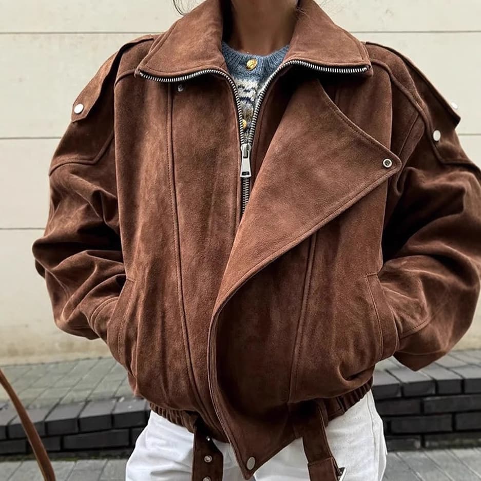Stylish Short Biker Jacket For Women - Trendy Casual Outerwear With Stand Collar & Zipper Closure, Polyester Fabric, Slim Fit, Dark Brown
