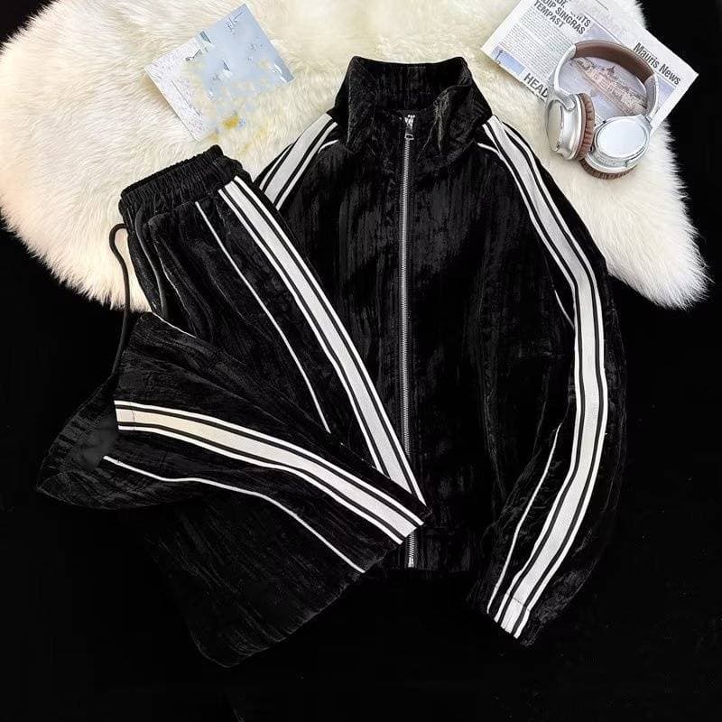 Men's Clothing High end Gold Velvet Colorblock Striped Sweater Two piece Couple Casual Sports Suit Men