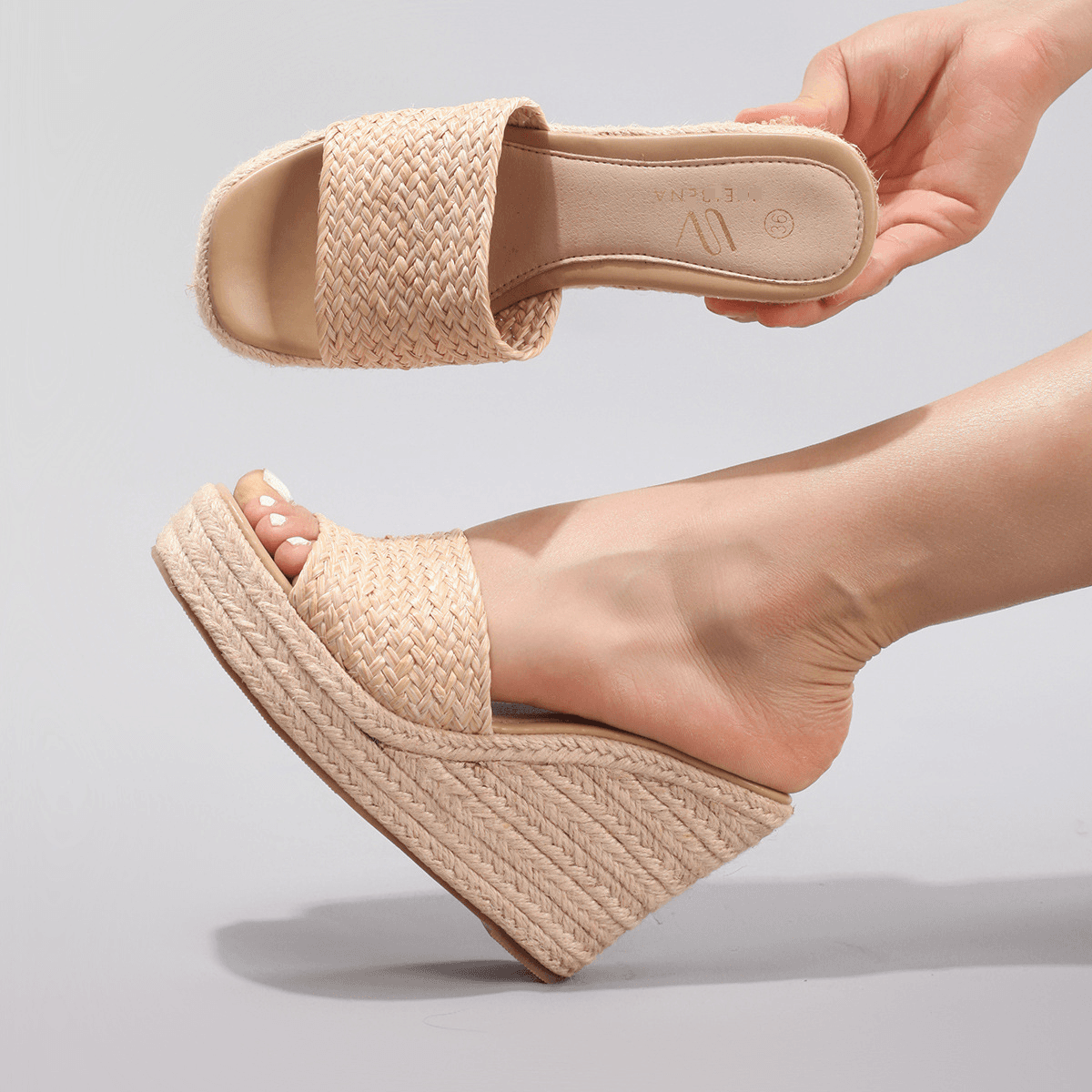 Women’s Shoes Women's Rope Wedge Thick Soled Sandals Braided Straw Rope One Line Summer Waterproof Platform High Heels