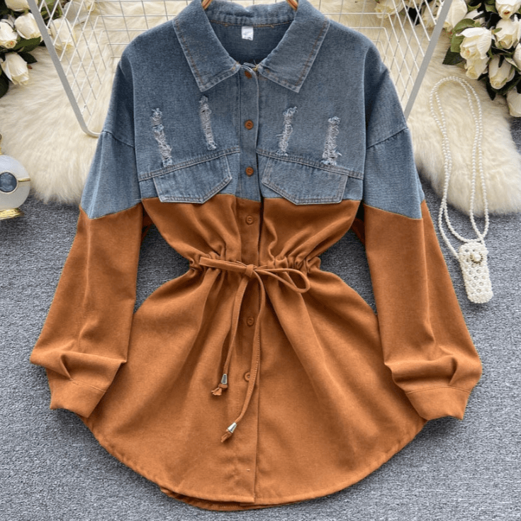Women's Long-sleeved Dress Spring And Autumn Women's Clothing 1 Sense Denim Splicing Contrast Color Waist