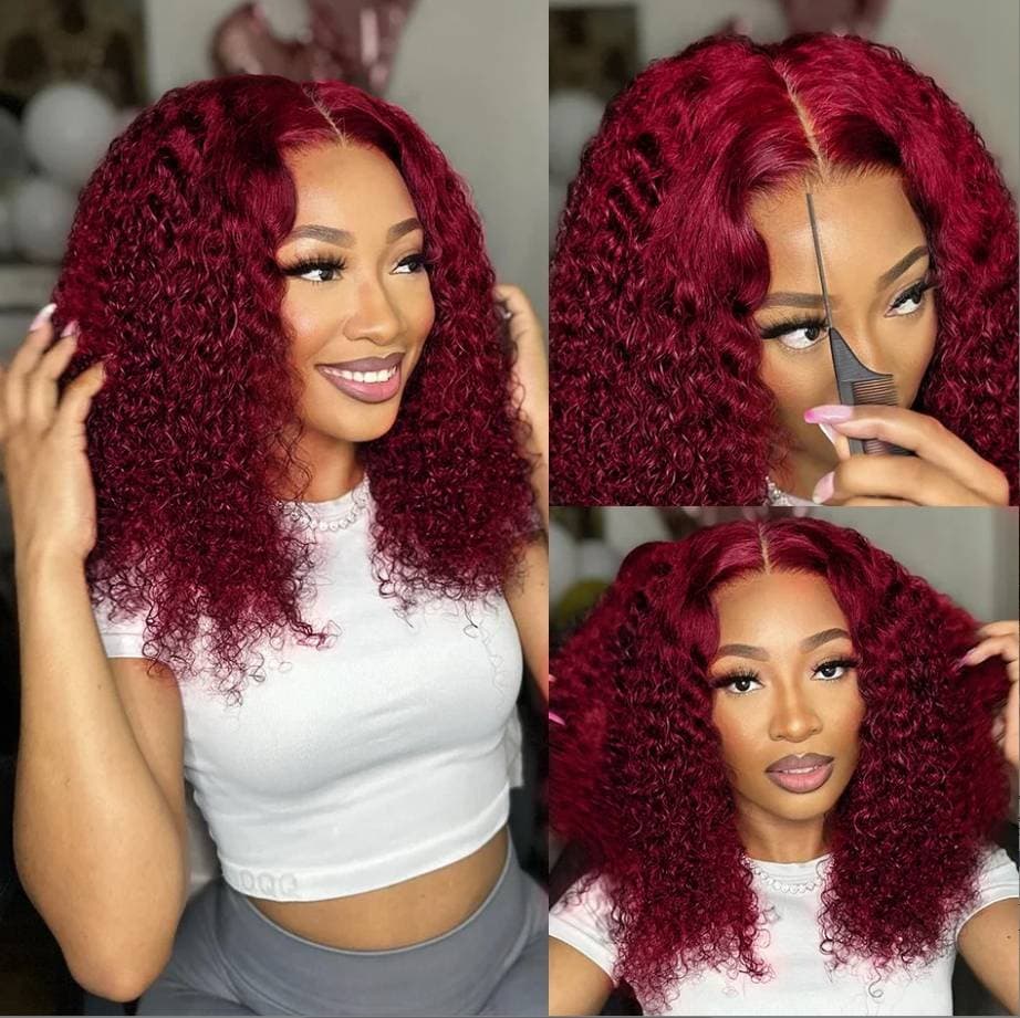 Burgundy Deep Curly Human Hair Wigs Women Brazilian Short Bob 13x4 Transparent Lace Front Wig 99j Wet And Wavy Curly Bob Wigs