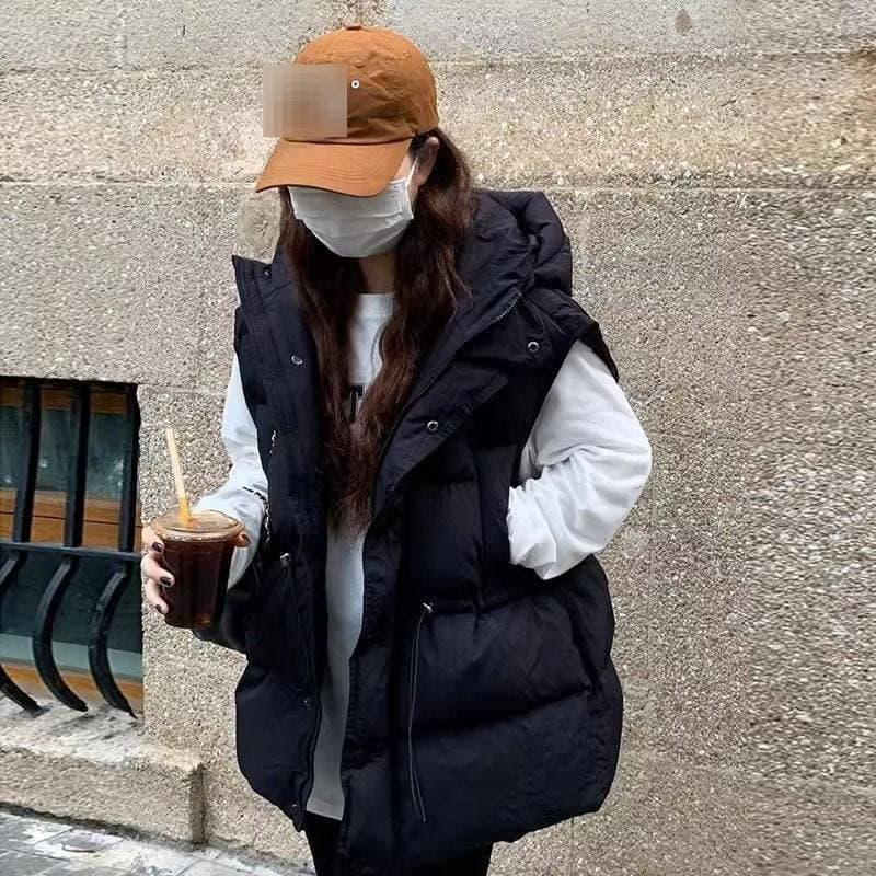 Women's Quilted Puffer Vest With Hood, Oversized Waist-Cinching Gilet, Thickened Winter Sleeveless Jacket For Teens & College Girls