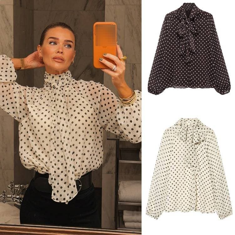 Women's French Polka Dot Long Sleeve Blouse Casual Loose Fit Tie Waist Top For Spring Style
