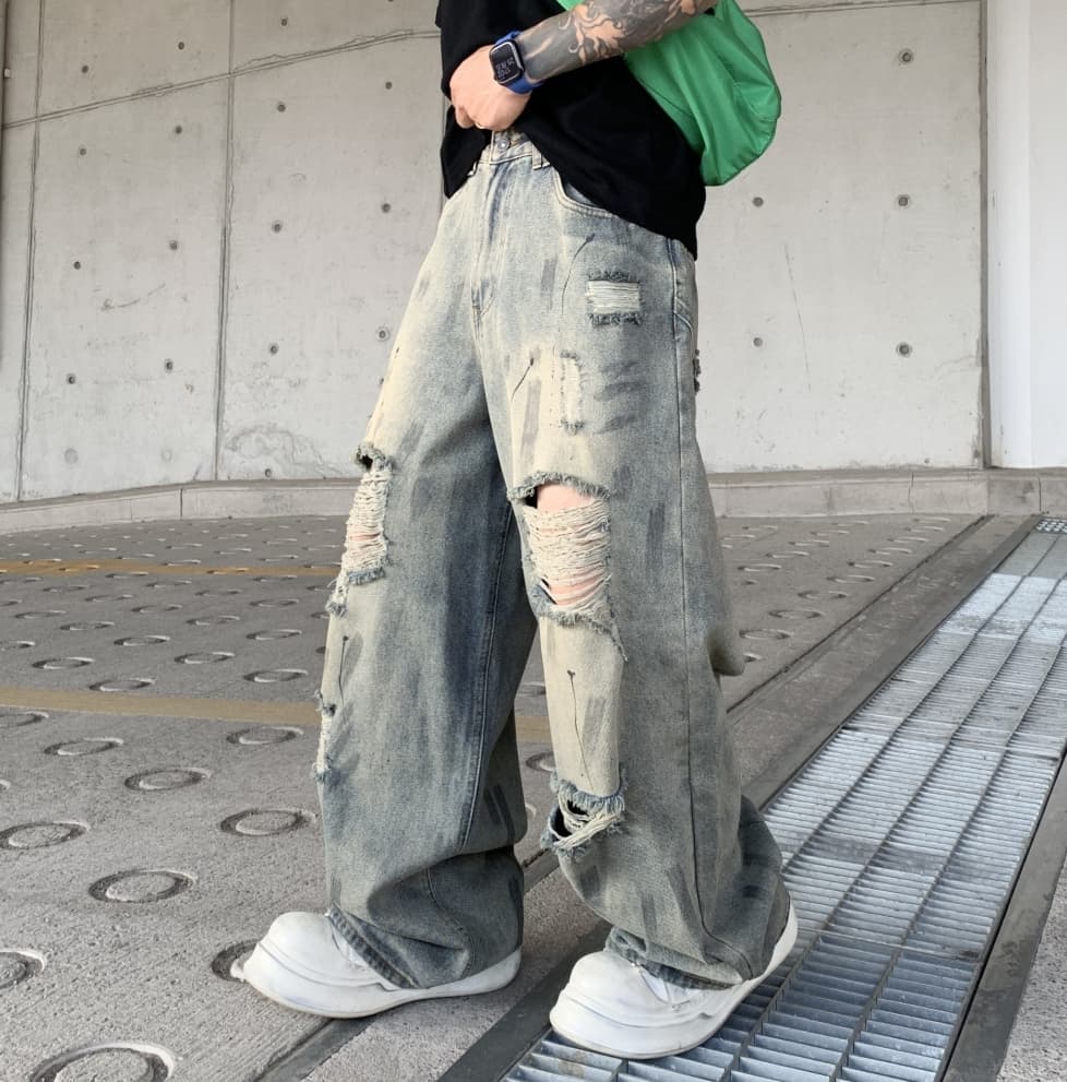[StreetCanvas] Men's Splatter Denim Jeans - Distressed Wide Leg | High Street Fashion
