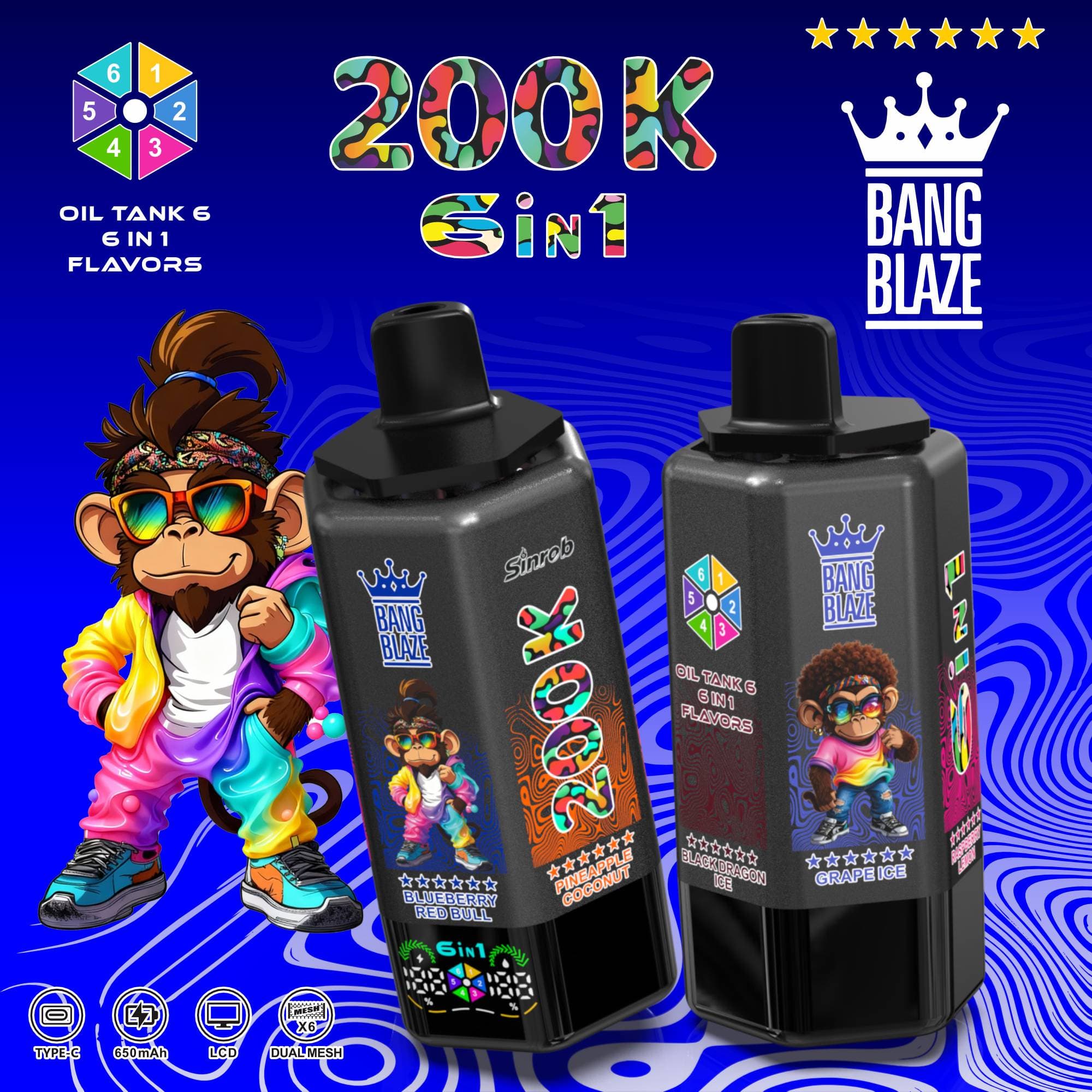 1 pièce Bang 6 saveurs 200K bouffées (200 000 bouffées) Cigarette électronique rechargeable avec 6 réservoirs d'huile et écran LCD Cigarette