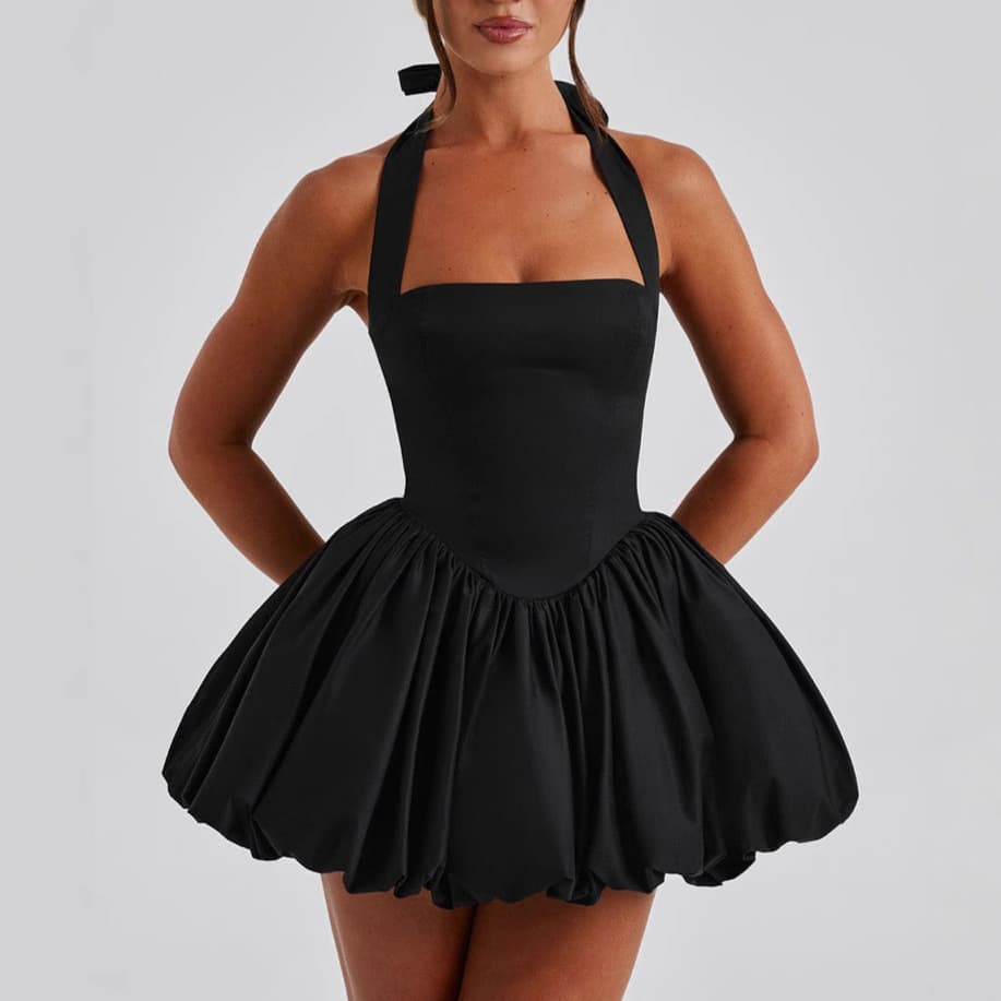 Women's Clothing Sexy Waist Slimming Puffy Skirt Halter Neck Tie Bow Dress