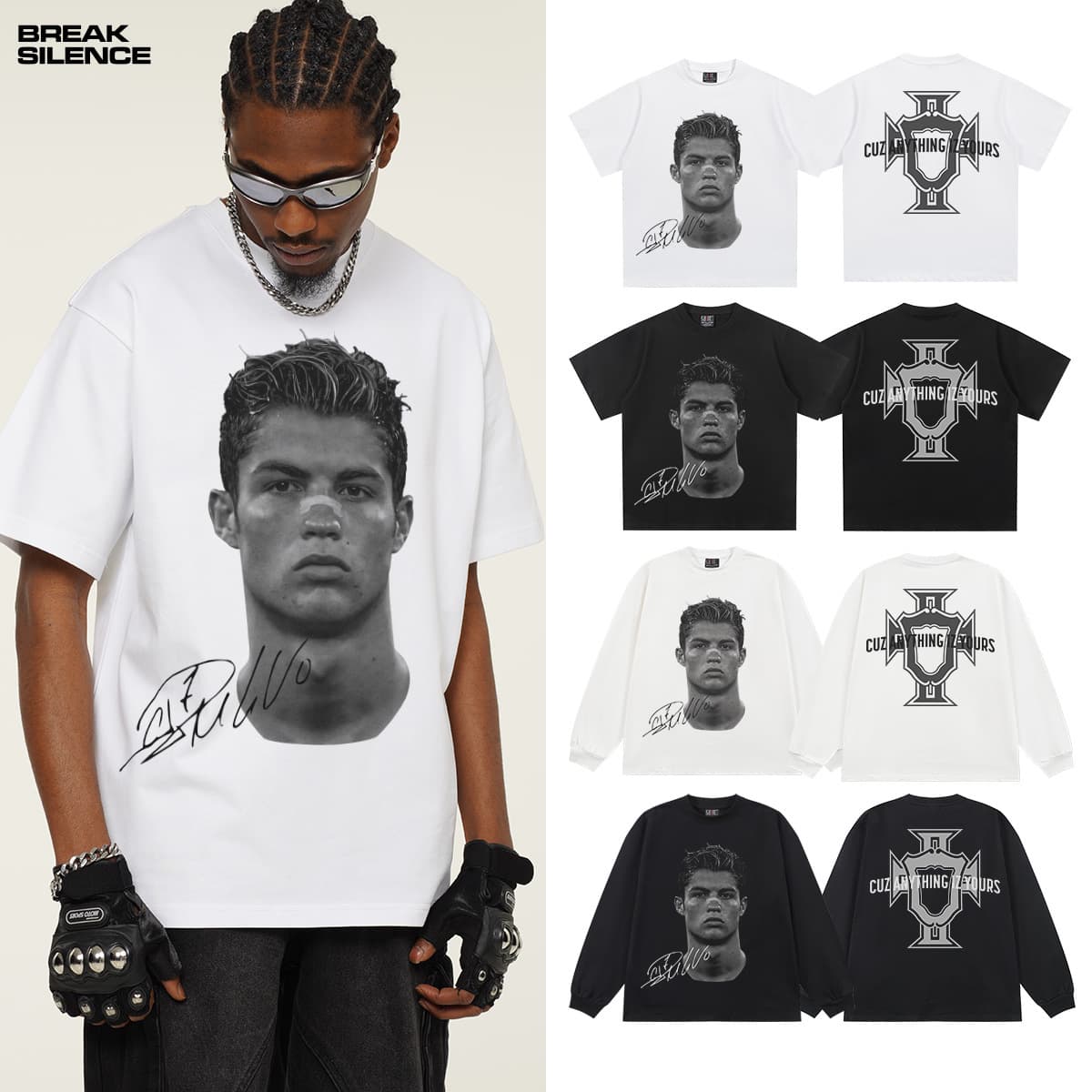 Cross-border 2025 C. Ronaldo Heavy-duty Short-sleeve T-shirt, 300g Direct-print, Unisex, American Retro Street Vintage