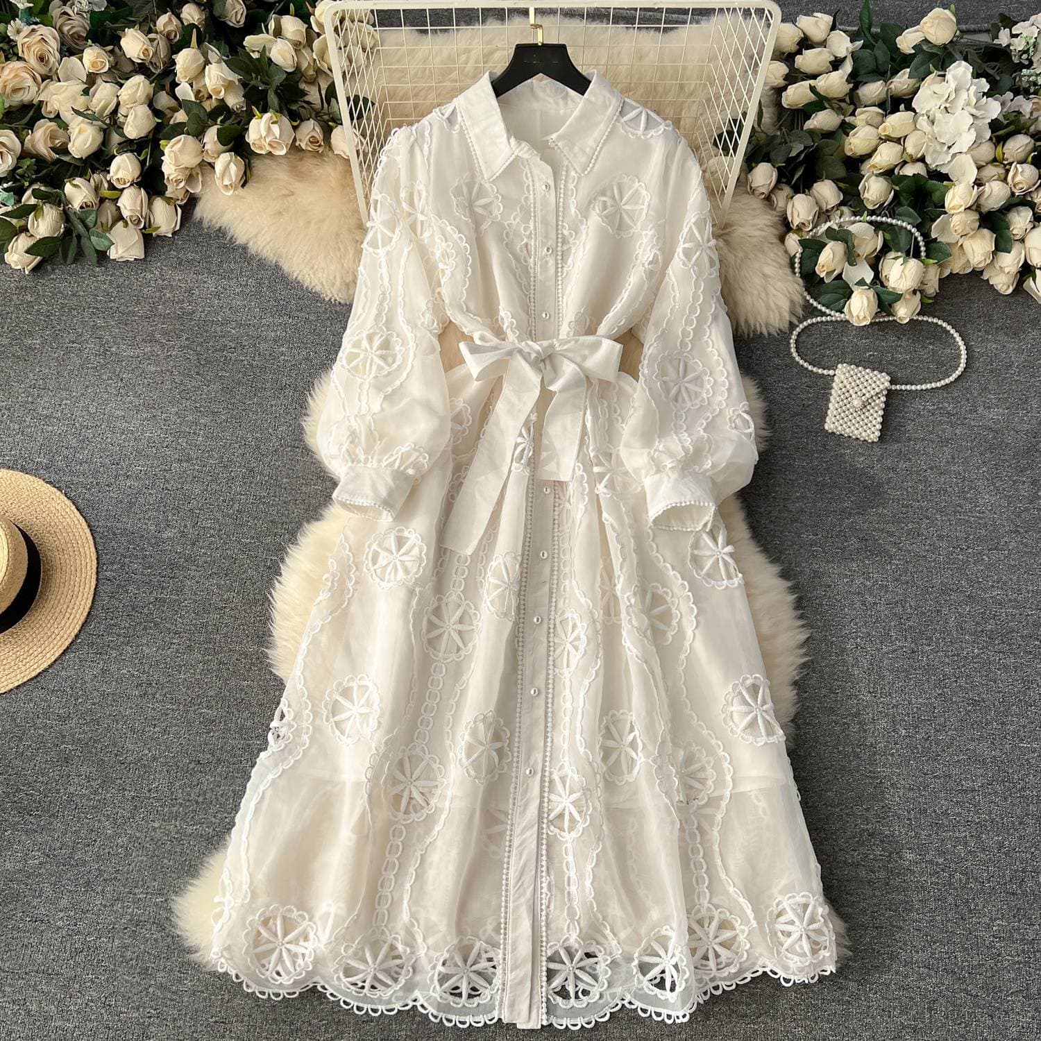 Women's Clothing Palace style dress new style heavy embroidery hollow flower buttoned slim fit mid length puff sleeve dress