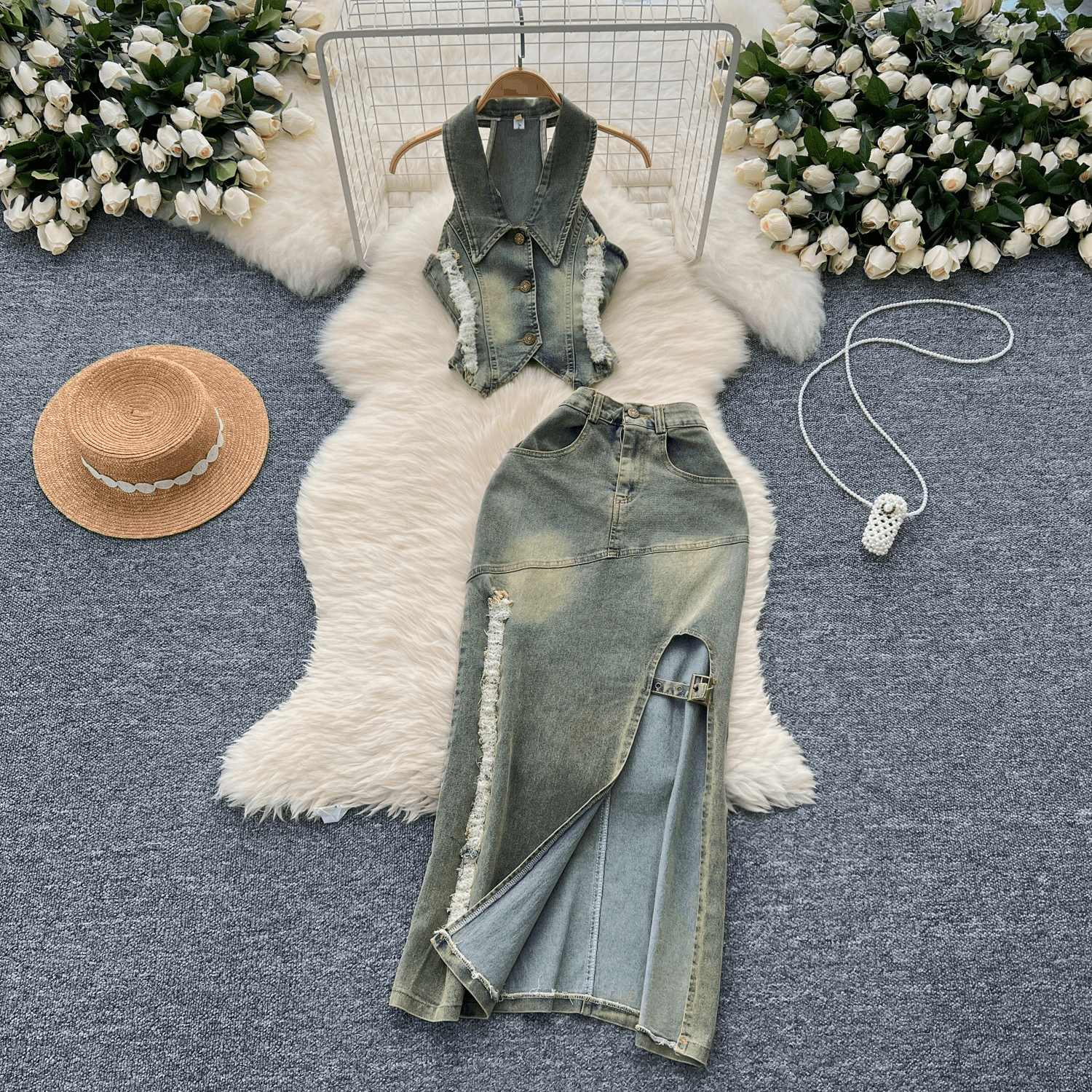 Women's Clothing Retro Halterneck Sleeveless Lapel Raw Edge Denim Top Two Piece Set Slit Slim Skirt