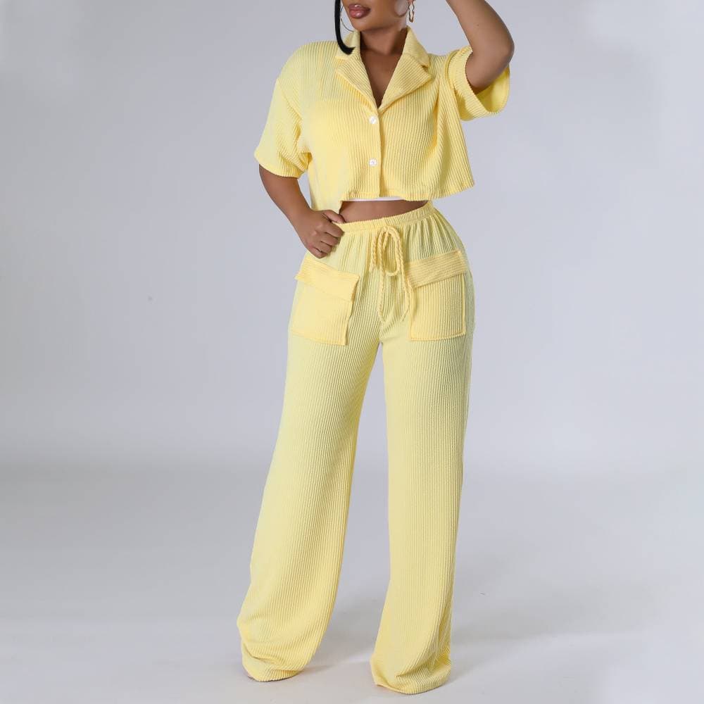 Women's Clothing Solid Color Short Sleeved Shirt Collar Top Long Casual Wide Leg Pants Suit