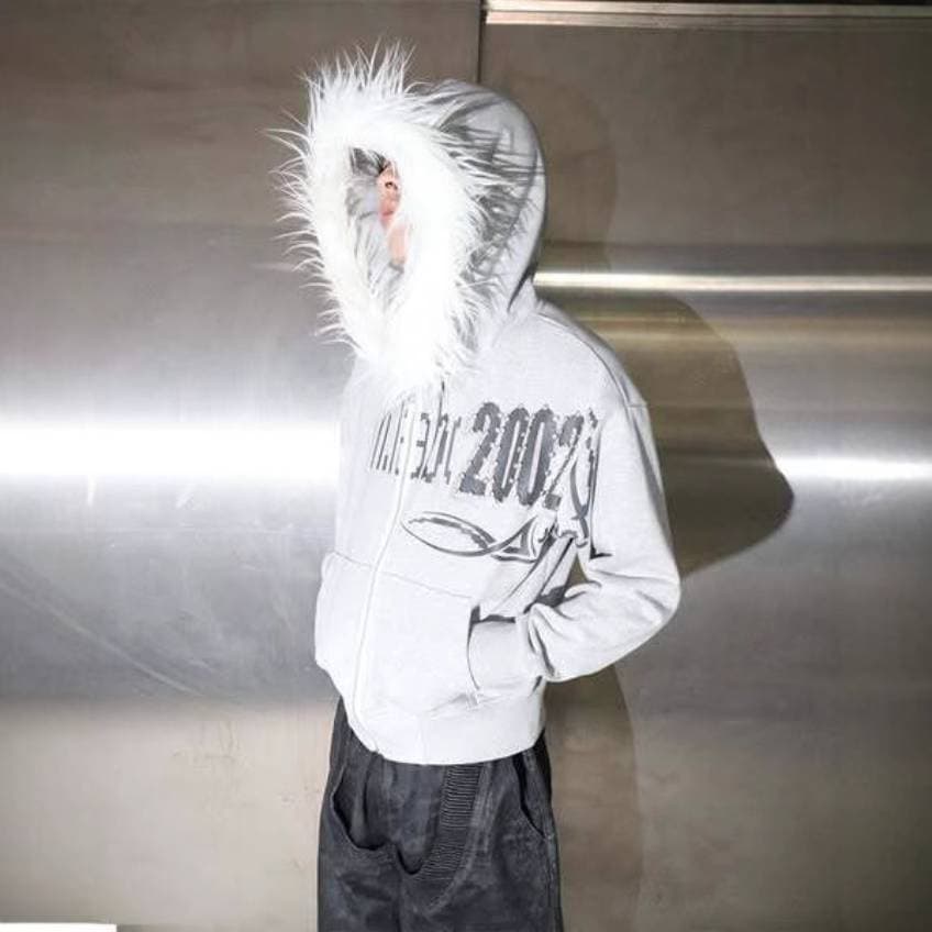 ​Unisex Retro Hooded Sweatshirt With Faux Fur Trim - Y2K Streetwear Style, Oversized Fit, Warm & Stylish Pullover For Men And Women​