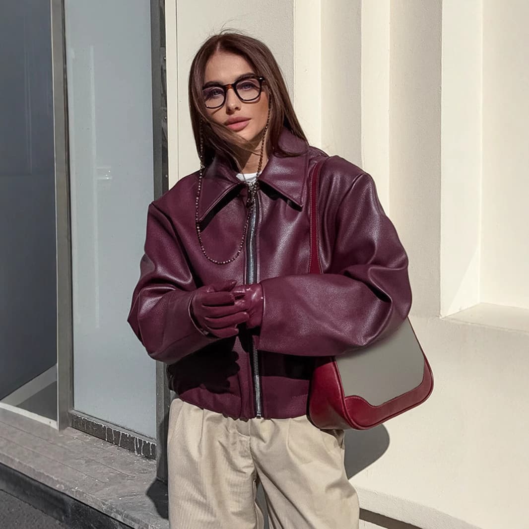 Vintage Motorcycle Style Matte Faux Leather Jacket For Women - Burgundy, Brown, Black - Retro Biker Coat With Zipper - Casual & Elegant Outerwear