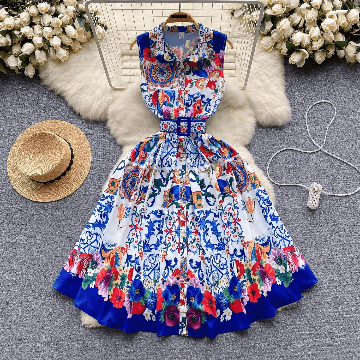 Women's French palace style dress for women new sleeveless vest niche printed waist slimming dress skirt