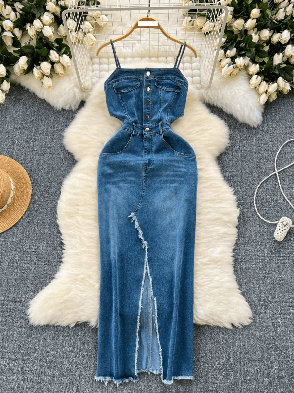Women's Clothing Hong Kong style retro denim skirt design raw edge slit slim fit medium and long suspender dress for women spring and autumn