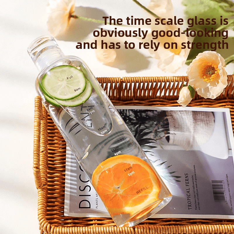 Time Marked Borosilicate Glass Water Bottle - Motivational Hourly Tracker With Measurement Lines For Students
