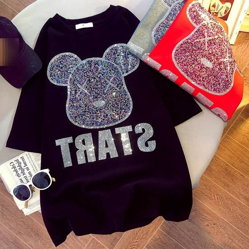Women’s Clothing Cartoon Red Heavy Hot Diamond Pure Cotton Short Sleeved T Shirt Female Petite Korean Loose Fashion Half Sleeved Top