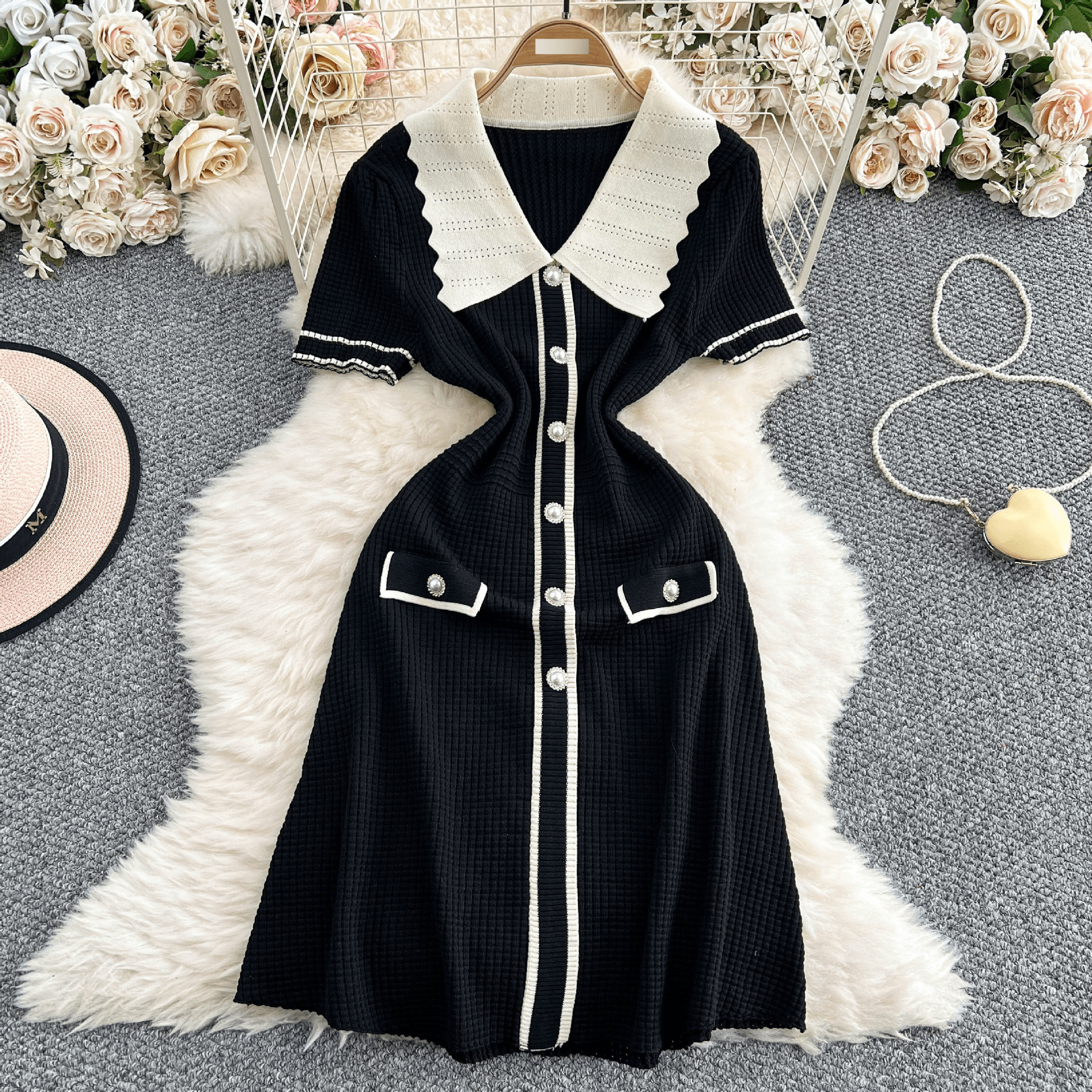 Women's Contrast Color Knit Dress - Doll Collar & Single-Breasted Design Slim Fit Mid-Length Skirt, Elegant Short Sleeve Knitted Dress