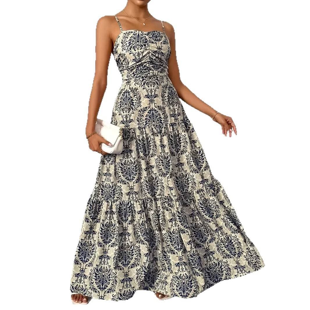 Bohemian Style Women's Elegant Summer Floral Backless Ultra-Long Strap Dress