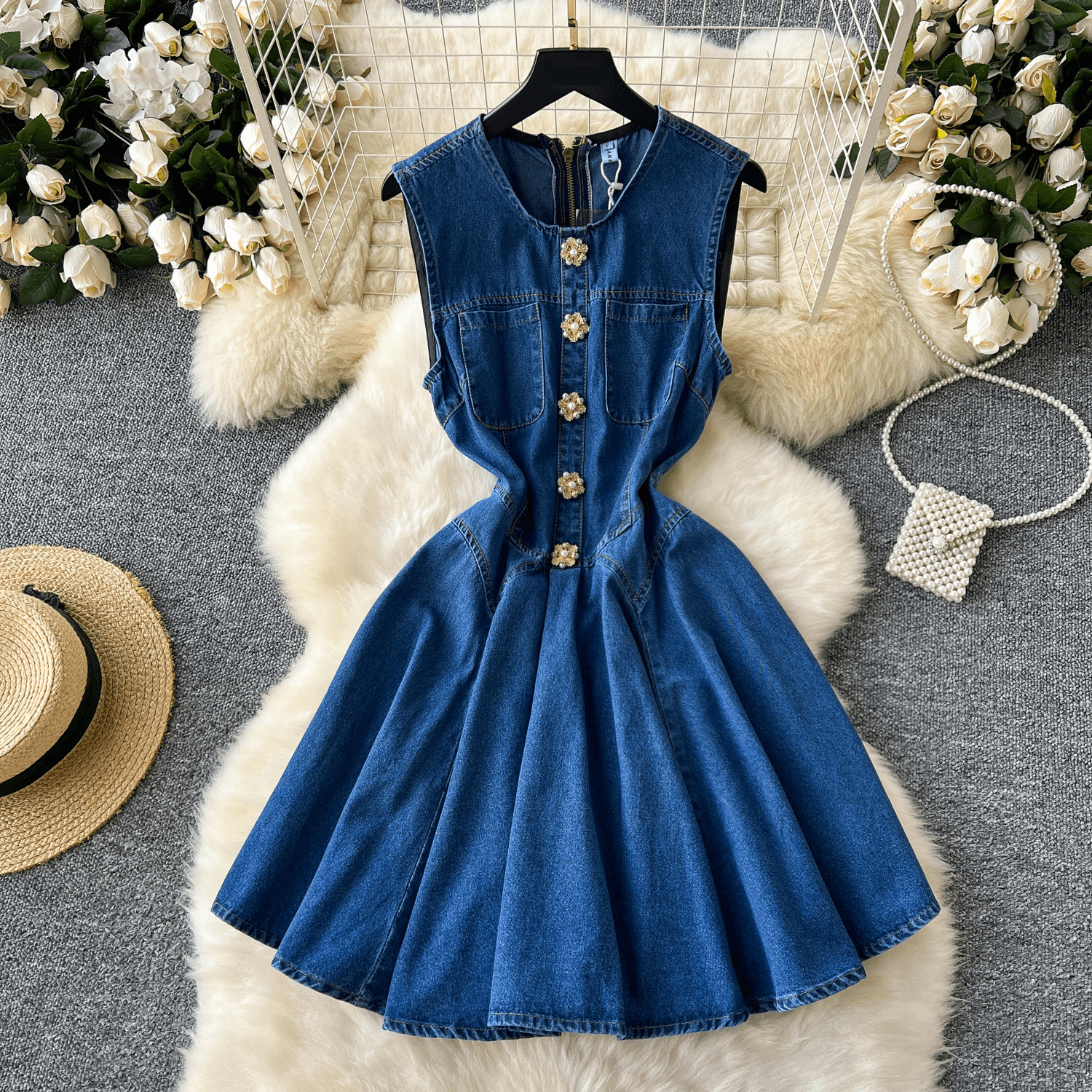 Women's Clothing Sleeveless Vest Denim Skirt Waist Slimming Heavy Beaded Single Breasted Pleated Dress