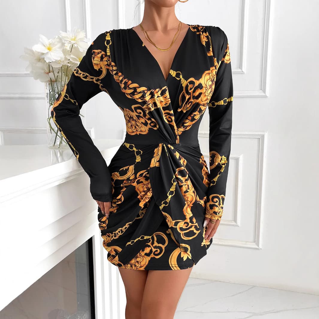 Women's Clothing New Women's Dress Fashionable Temperament Printed Long Sleeved V Neck Hip Wrapped Elastic Short Skirt Banquet