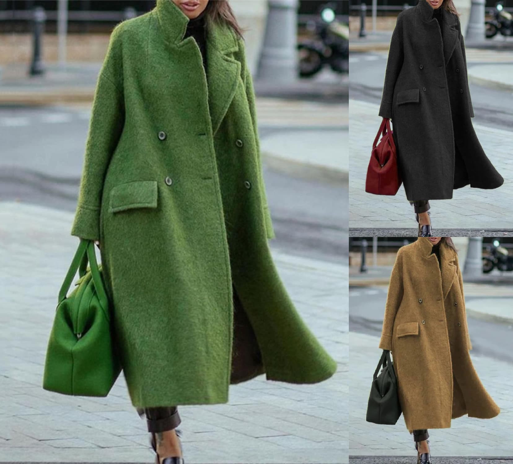 Women's solid color temperament commuting loose woolen green coat without lapels
