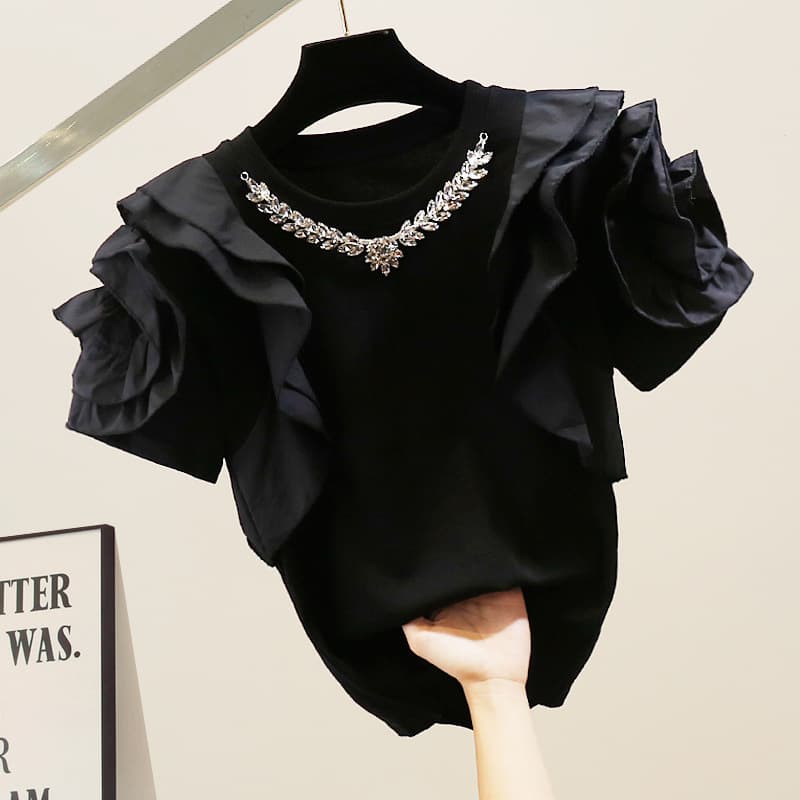 Women's summer Korean version slimming ruffled splicing short-sleeved solid color casual shirt trend