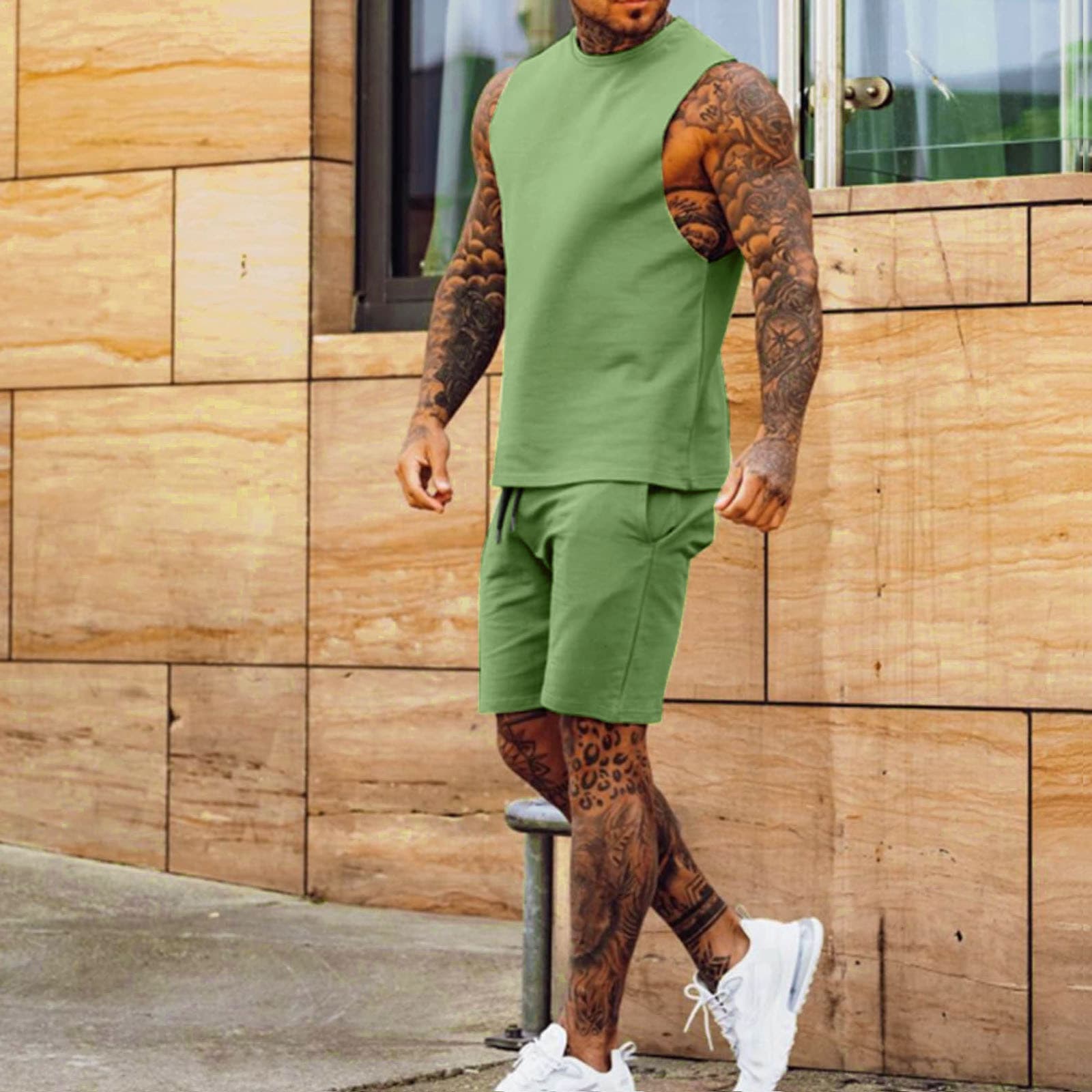 Men's Clothing Sports Suit Casual Thin Five Point Pants Sleeveless Top Solid Color Half Shoulder Shorts Two Piece Set