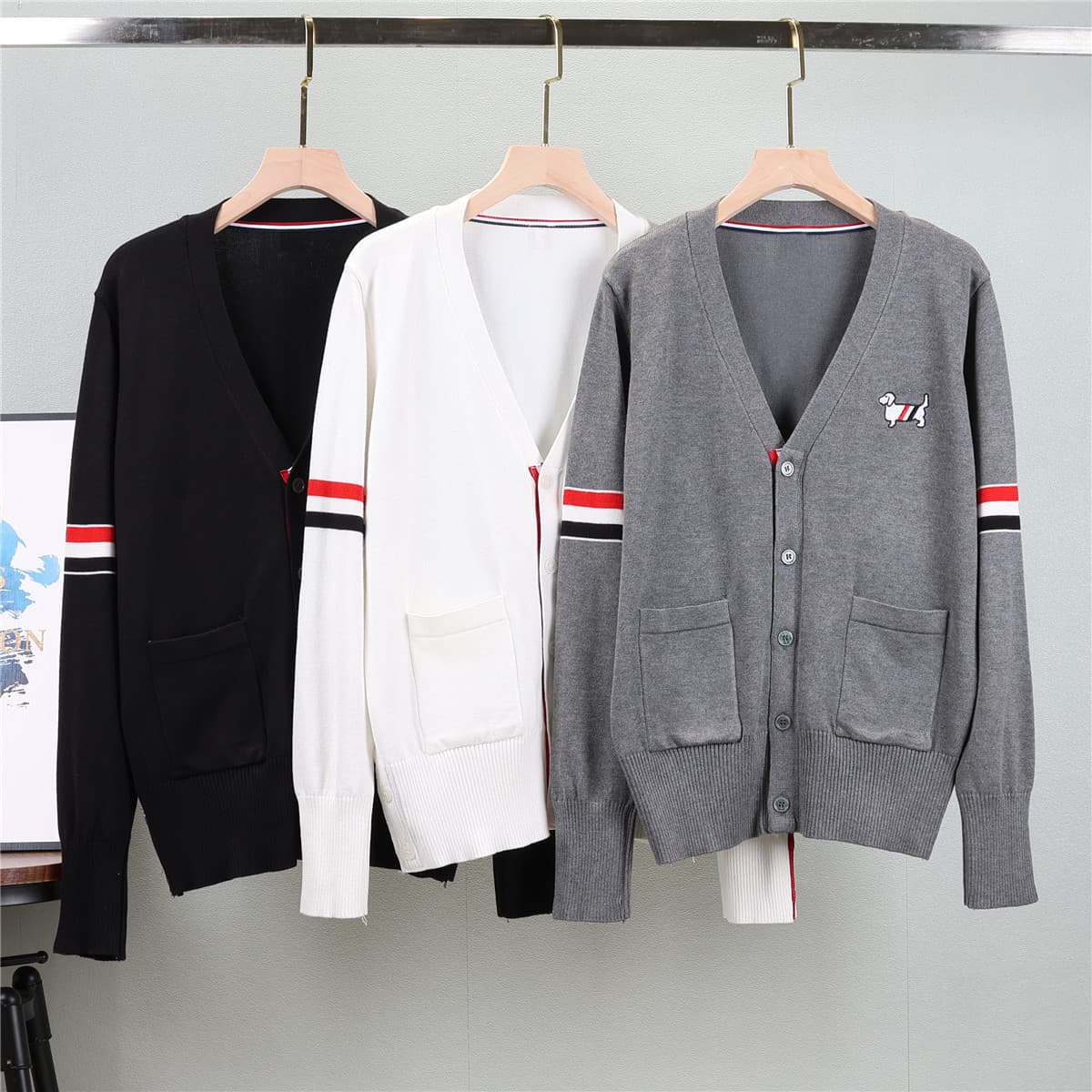 tb knitted cardigan jacket Women's spring and autumn V-neck jumper striped long-sleeved loose jacket College style tops tide