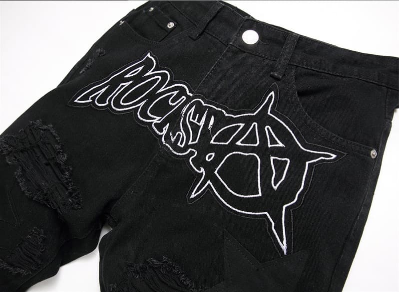 Man's clothing Black ripped applique embroidered jeans elasticless loose straight leg jeans for men