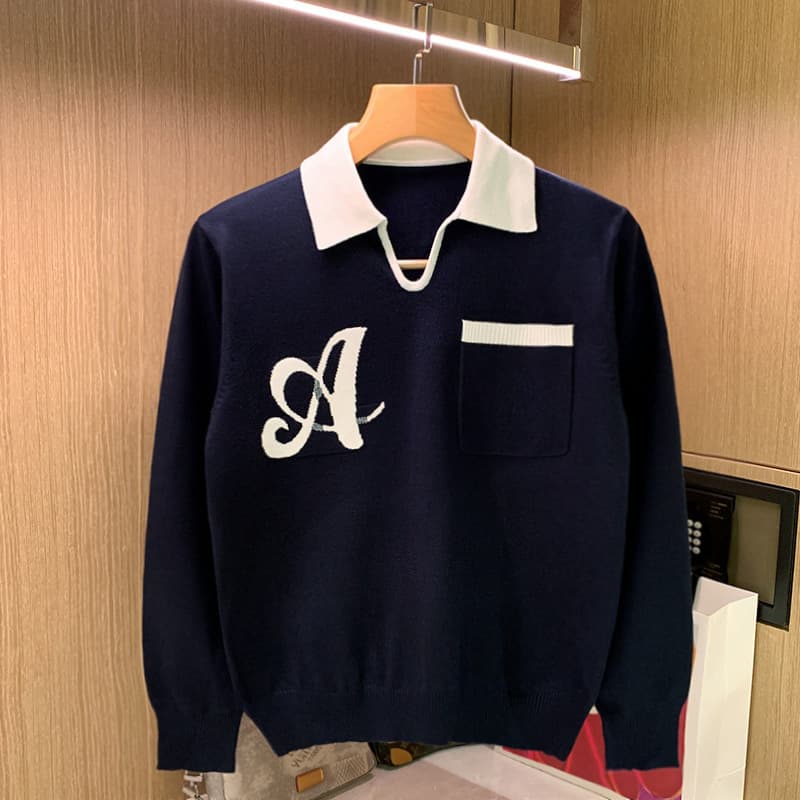 2025d Trendy Turn-down Knit Sweater Top Autumn Winter New Style Personality Color-block Collar Polo Shirt Men's Long Sleeve