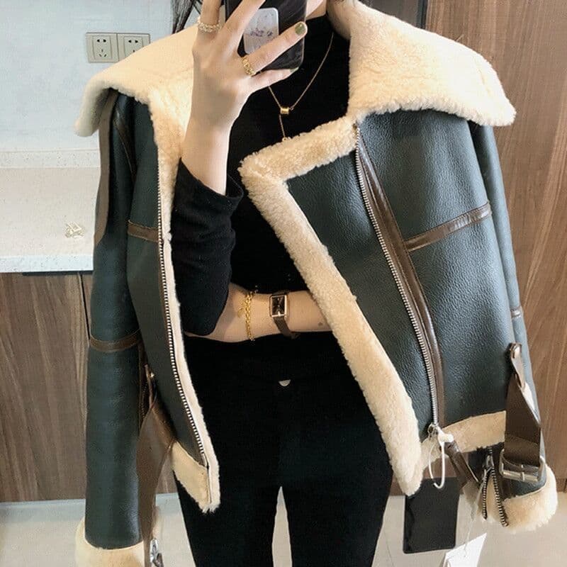Women's Clothing Winter Green Splicing Large Lapel Motorcycle Clothes Thickened Short Fur Sheep Shearling Jacket