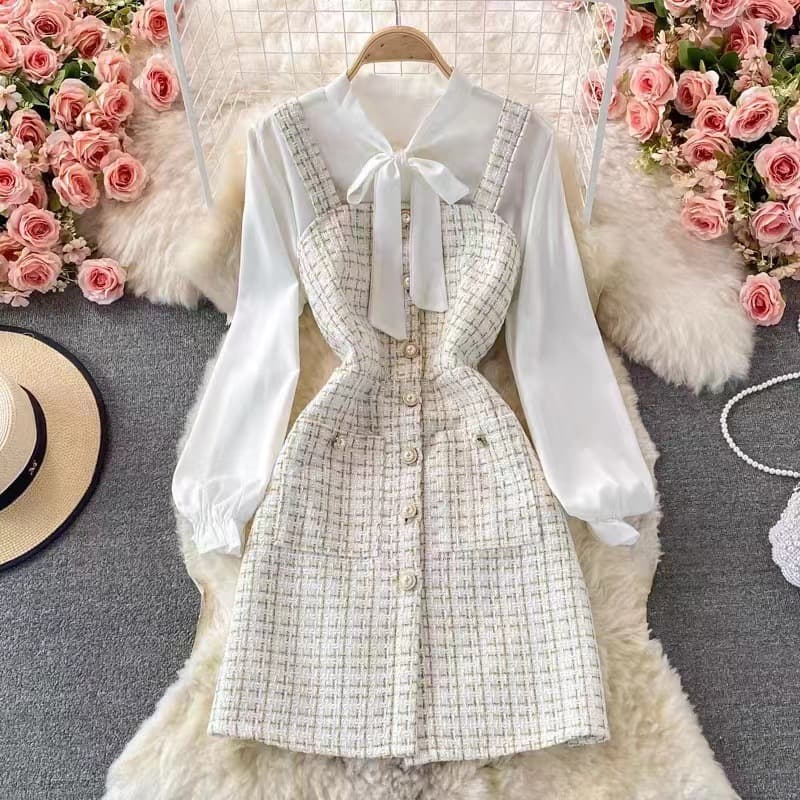 Women's temperament bow tie shirt two-piece suit tweed plaid suspender dress