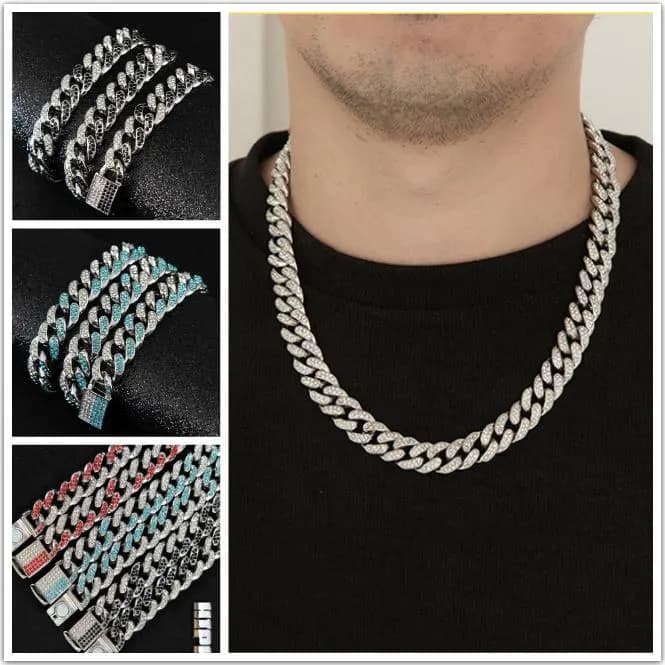 3 Colors 13mm Hiphop Mens Full Red Diamond Cuban Link Chain Necklace Bracelet guys Bling Curb Choker Chains Miami Rapper