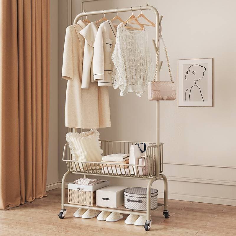 Freestanding Metal Clothes Rack With Storage Basket – Adjustable Height Garment Organizer For Bedroom, Entryway & Nursery, Modern Nordic Style