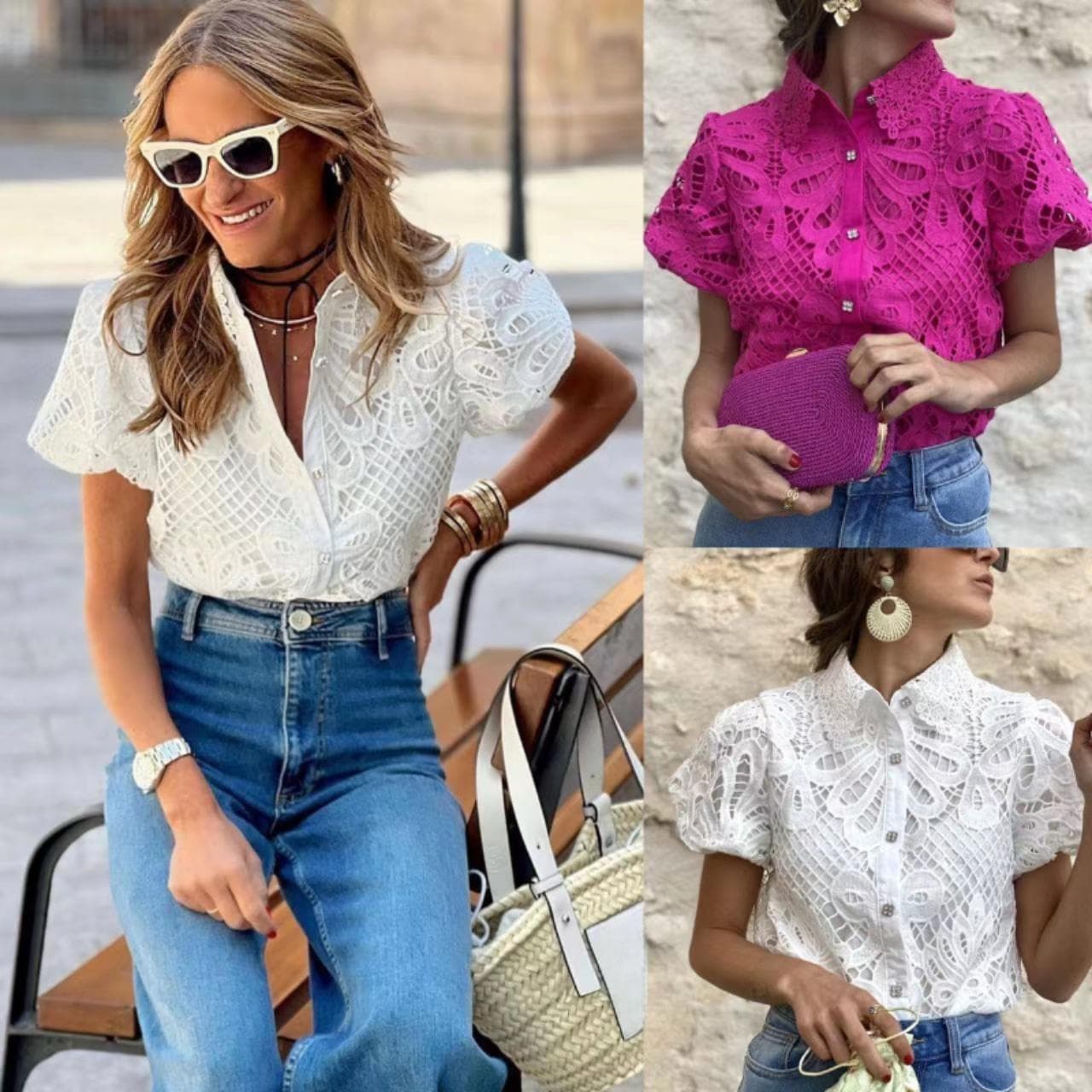 Chemisier femme à bordure en dentelle – Haut à basque brodé de fleurs, manches bouffantes et détails ajourés (blanc/rose, S-XXL)
