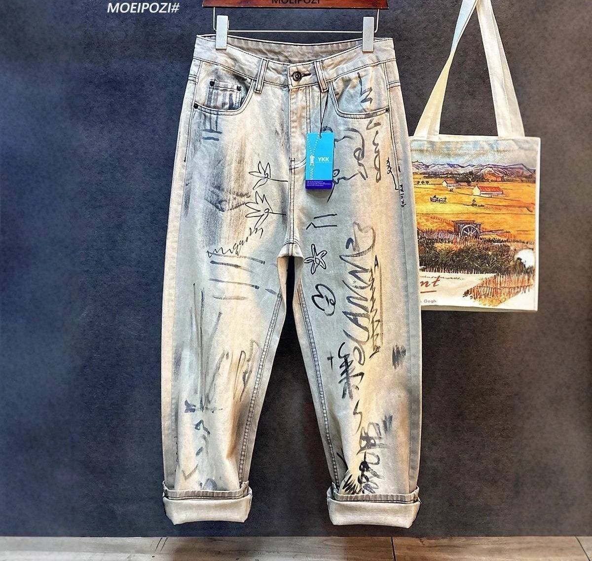 Tokyo Streetwear Splatter Jeans – Oversized Straight-Leg Paint-Stained Denim With Distressed Detailing (28-36, Cream White)
