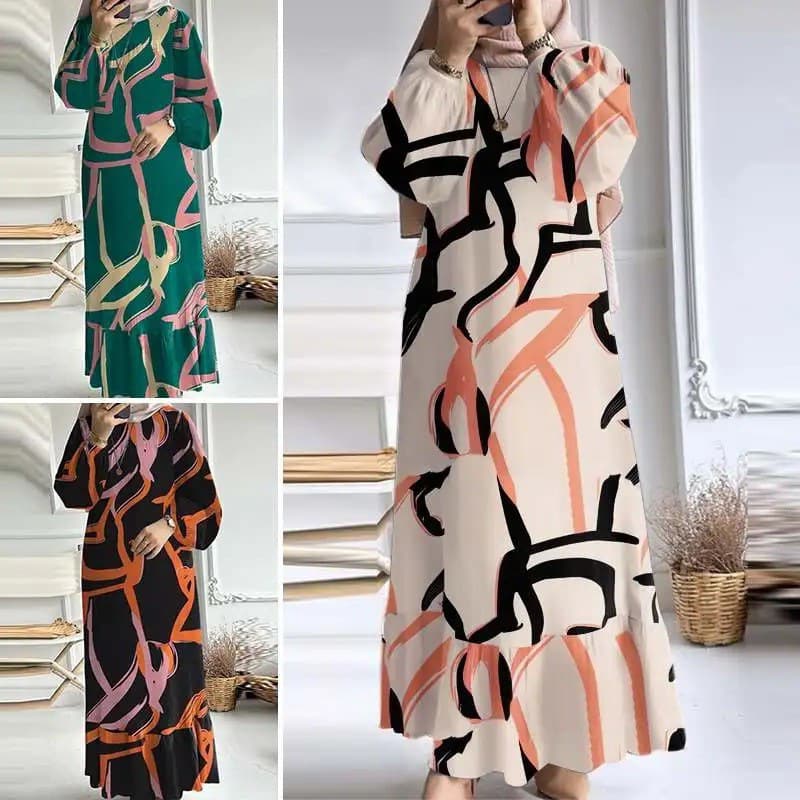 Cross-Border Muslim Women's Clothing Retro Puff Sleeve Printed Ruffle Pocket Dress Middle East Dubai Spring Autumn Abaya