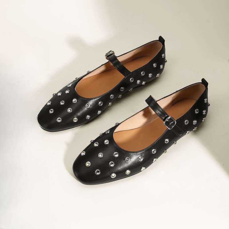 Summer Rivet Rhinestone Mary Jane Shoes Strap Flat Shoes Women's Ballet Shoes Leather Shoes