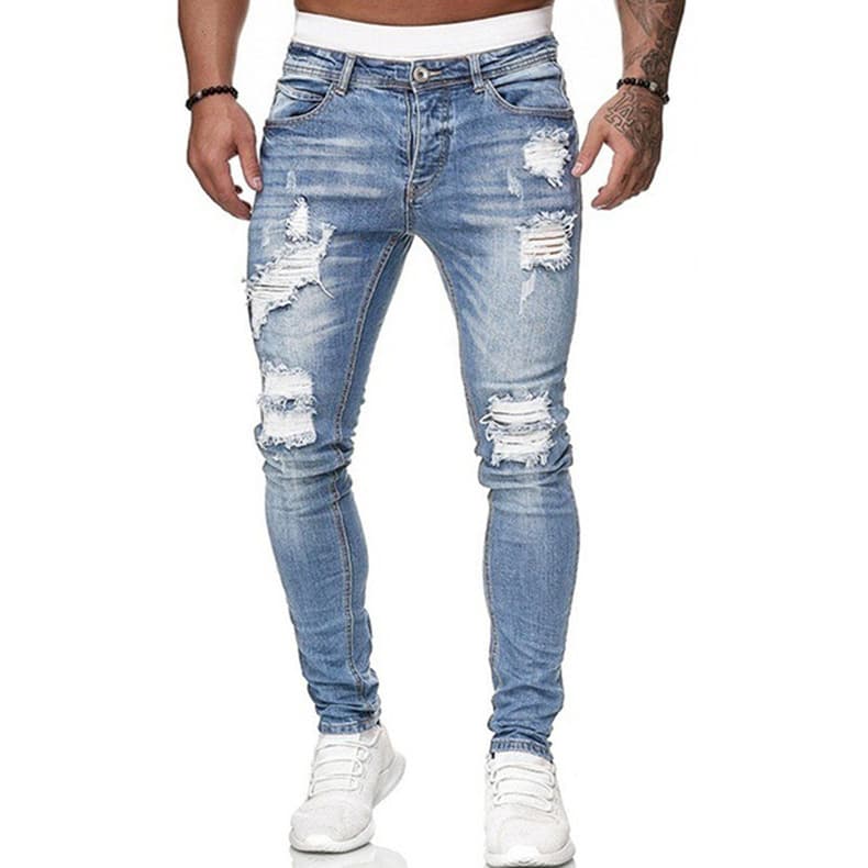 Man's clothing Men ripped white stretch tight denim trousers small foot trousers men