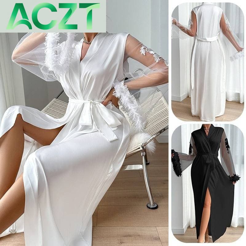 choiceness Men's Sleep Satin Pamas Women Lace Light Long Sleeved Cool Nightgown Bathrobe Home Clothes