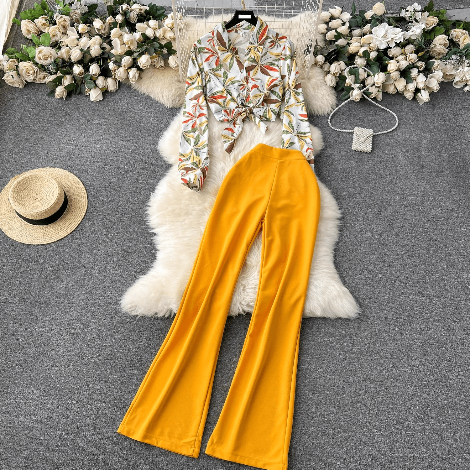 Women's Clothing Temperament two piece female salty outfit ins short long sleeved printed shirt + high waisted slim fit flared trousers