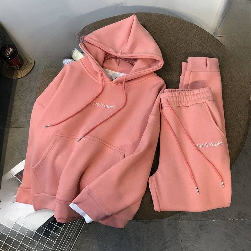 Women's Clothing Autumn And Winter Thickened Plus Velvet Loose Hooded Sweatshirt Women's Leggings Suit Sports Leisure Two Piece Suit Women