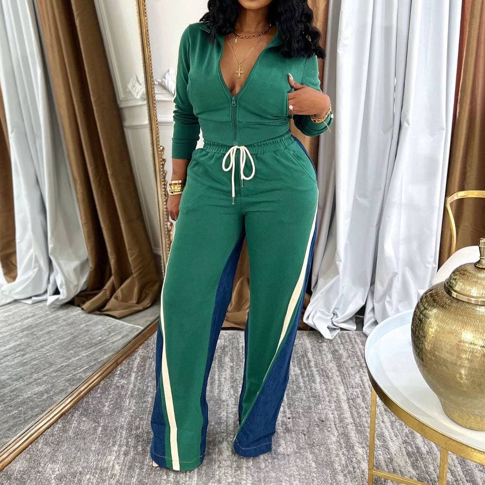 Women's Clothing Velvet + Denim + Thread Stitching Sports Pants Suit, Two Piece Suit, 4 Pockets