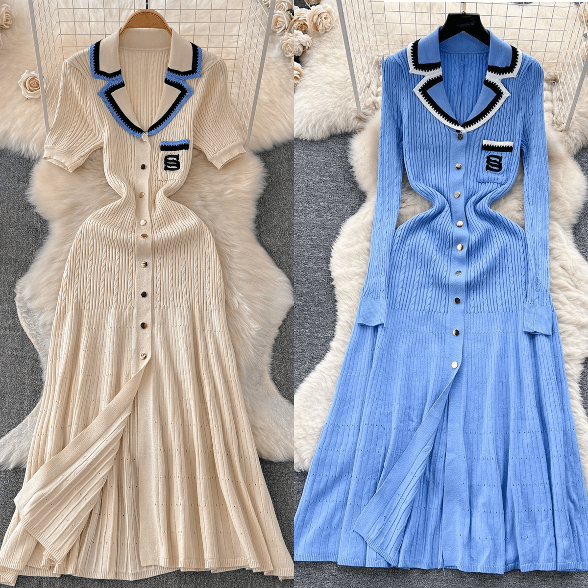 Autumn And Winter Xiaoxiang Style Celebrity Lady Short-sleeved Contrast Embroidered Dress Collar Waistline Slimming Single-breasted A- Shaped Knitted