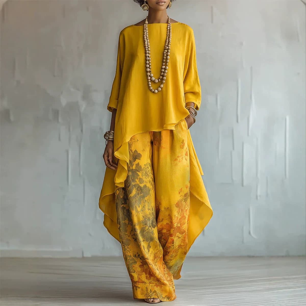 Women's Printed Irregular Loose Pants Two Piece Set Round Neck Top Shorter In Front Longer In Back American Style