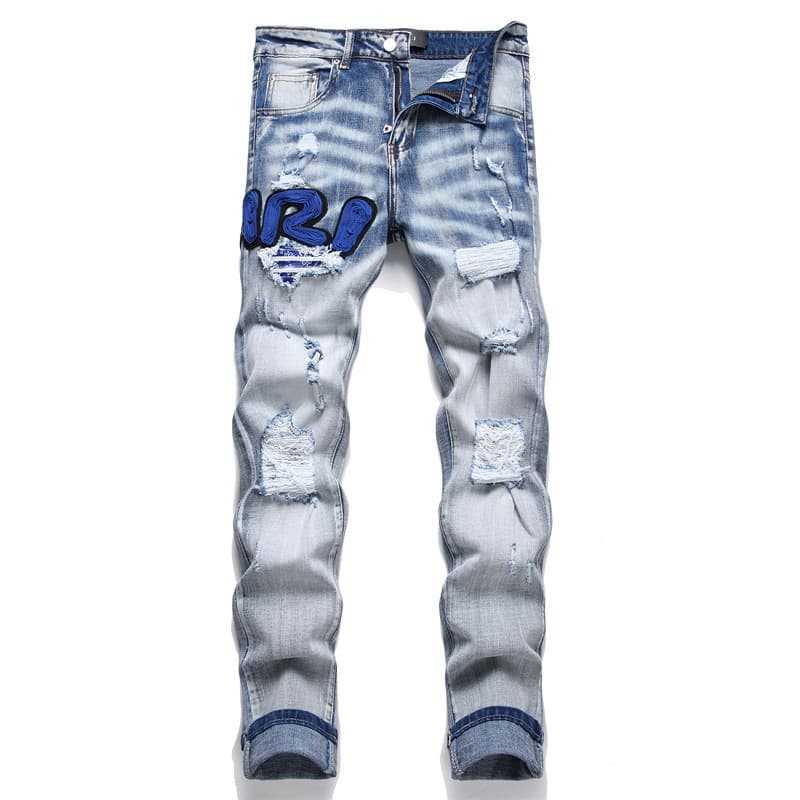Men's light blue jeans ripped trend stretch slim feet fashion pants all men's pants